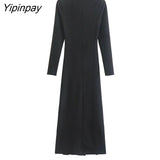 Yipinpay Women Elegant Mid-Calf Dresses 2023 Fashion Diagonal Collar Female Party Vestidos Long Sleeved Dresses Soft Outwear