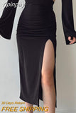 Yipinpay Women Ruched Long Skirt Adults Slim-Fit High Waisted Solid Color Slit Skirt Red Black Club Street Style Fashion Hot S M L