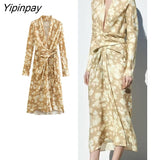 Yipinpay Elegant Women Printed Scarf Midi Dresses 2023 Summer Beach Style Bow Dress A-line Long Sleeve Mid-Calf Vestidos