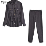 Yipinpay Fashion Solid Black Pants Sets 2023 Spring Autumn Long Sleeved Chic Blouses With Lace +Zipper Pants Street Casual Outwear