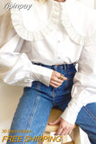 Yipinpay Big Peter Pan Collar Ruffle Womens Blouse Long Sleeve White Cotton Casual Tops Female Spring Summer Frill Shirt 2023