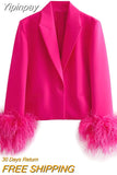 Yipinpay Fuchsia Cropped Blazer Woman New In Short Feather Coats And Jackets Long Sleeve Blazers For Women Elegant Stylish Jacket