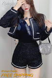 Yipinpay Temperament O Neck Tweed Jacket Short Hit Long Sleeve Cardigan Top Casual Retro High Waist Wide Leg Shorts Sets Autumn Sexy