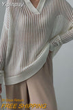 Yipinpay Casual Perspective Knitted Pullover Tops Women Lapel Loose White Blouses Autumn 2023 Casual Office Ladies Knitwear