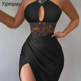 Yipinpay Women Solid Elegant Halter Rhinestone Bright Line Decoration Criss Cross Lace Patch Keyhole Bodycon Party Sexy Dress