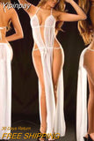 Yipinpay Newest Women Sexy Lingerie Lace Dress See Through Mesh High Split Long Exotic Dresses Short Sleeve Nightwear Deep V