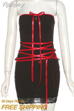 Yipinpay Women's Y2K Gothic Straps Cross Tie-Up Lace Trim Boat Neck Strapless Summer Backless Mini Bodycon Short Tube Dress