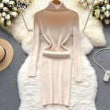 Yipinpay Full Sleeve Slim Knitted Pencil Dress Female Casual Pullover Turtleneck Sweater Bodycon Dress Ladies Autumn Winter
