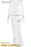 Yipinpay MO 2023 Elegant Lace See Through V-neck Maxi Sexy Dress For Women Summer Chic Longsleeves Hollow Out Slim Floor Dress