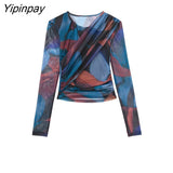 Yipinpay Fashion 2023 Women's Tulle Printed Sets Elegant O-neck Folds Top Mid-Calf Straight Skirts Long Sleeve Casual Suits