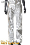 Yipinpay Women Metallic Straight-Leg PU Pants Sexy ZA Sparkling High Waist Trousers Streetwear Clubwear Costumes 2023 Spring Fall