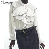 Yipinpay Summer Women Ruffles Blouses Shirt 2023 Thin Solid Single Breasted Office Lady Tops O-neck Flare Long Sleeve T-Shirts