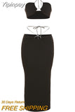 Yipinpay Sexy Hollow Out Backless Women Two Piece Sets Black Halter Top High Waist Skirt Female Summer Slim Club Party Skirts Set