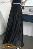 yipinpay Vintage Metallic Maxi Skirts Women Street Casual High Waist Long A-line Skirt Chic Korean Black SGothic Faldashiny