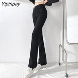Yipinpay Thicken Velvet Warm Denim Flare Pants Stretch High Waist Casual Winter Plush Bell Bottom Jeans Woman