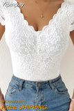 Yipinpay new sexy women's jumpsuit casual Scallop Trim V-Neck Lace Bodysuit short sleeve tops jumpsuit skinny female slim bodysuit