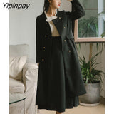 Yipinpay Autumn/Winter Woolen Dress Women New Patchwork Double Breasted Dress Female Elegant High Quality Long Sleeve Dress