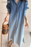Yipinpay Collar Button Denim Dress Shirt Maxi Long Sleeve Vestido De Mujer Vintage Casual Fall Spring Korean Femme Robe Chic