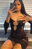 Yipinpay Slant Shoulder Cut Out Bodycon Mini Dress Women Long Sleeve Print See Through Party Vestidos 2023 Summer Harajuku Club Robe