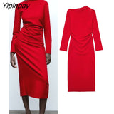 Yipinpay New Autumn Women Elegant Long Dresses 2023 Female Fashion Asymmetrical Collar Vestidos Long Sleeve Soft Pullovers