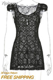 Yipinpay Women Acute Summer Lace Dress Short Sleeve V Neck Hollow Out Button Down Mini A-Line Dress Club Street Style S M L
