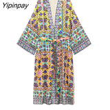 Yipinpay 2pcs Summer Women Plaid Pant Set 2023 X-Long Kimono Style Shirts With Belt+Drawstring Trousers Suit Female Casual Clothes