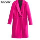 Yipinpay 2023 Women Solid Woolen Coat Autumn Winter Office Lady Long Sleeve Outwear Double Breasted Warm Basic Notched Overcoat