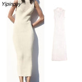 Yipinpay Elegant Women Solid Hollow Out Dresses 2023 Summer O-neck Sexy Mid-Calf Dress Fashion Causal Sleeveless Vestidos