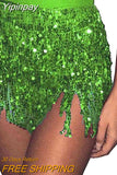 Yipinpay Women Sexy Belly Skirt, Sequined Fringe Miniskirt with Adjustable Waist Straps, Mini Skirt for Dance Performance, Rave Party