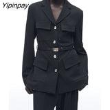 Yipinpay 2023 Women Solid Blazer Jacket With Belt Spring Notched Office Outfits Coats Single Breasted Chic Outwear