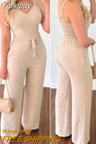Yipinpay Summer Woman Long Jumpsuits Elegant Sexy V-Neck Shirred Cami Top & High Waist Pants Set New Fashion Casual One Pieces