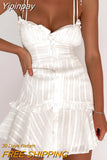 Yipinpay Cotton Jacquard Spaghetti Strap Sexy Bodycon Beach Dress Women Ruffled Mini Summer Lace-Up Ladies Corset Dress 2023