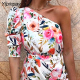 Yipinpay Shoulder Floral Print Bodycon Dress