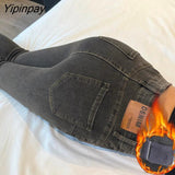 Yipinpay Winter Thickened Warm Elastic Pencil Jeans For Women Plus Velvet High Waist Skinny Denim Pants