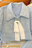 Yipinpay Blue Tweed Cardigan Elegant Crop Top Summer Shirt Beach Outfits for Women Blazers Sets Mini Plaid Skirts Faldas Korean