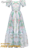 Yipinpay Summer French Elegant Floral Midi Dress Woman Puff Sleeve Vintage Fashion Dress Office Lady Beach Style Party Sundress Chic
