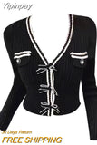 Yipinpay Knitted Pullover Office Lady 2023 Autumn Casual Long Sleeve Y2k Clothing V-neck Korean Style Fashion Slim Blouse Woman