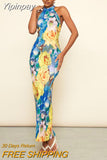 Yipinpay Floral Printed Halter Dress Women Fashion Lace Up Backless Midi Dresses Elegant Chic Female Holiday Party Maxi Vestidos