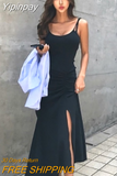 Yipinpay Holiday High Street Sexy V Neck Black Spaghetti Strap Side Splits Irregular Dress Women Sleeveless Retro Drawstring Waist