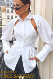 Yipinpay White Button Up Shirt Women Blouse 2023 Autumn Long Sleeve Lace Up Y2K Tops Femme Cut Out Turn-down Collar Tee Shirts