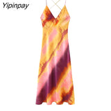 Yipinpay Elegant Women Print Mid-Calf Camisole Dress 2023 Summer V-neck Party Backless Vestidos A-Line Sleeveless Dress Outwear