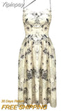 Yipinpay Vintage Floral Strap Dress Casual 2023 Summer Evening Party One Piece Dress Korean Sleeveless Elegant Midi Dress Woman