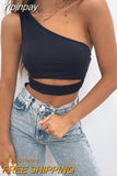 Yipinpay Women One Shoulder Tank Tops Summer Solid Collar Hollow Out Vest Slim Sleeveless Crop Tops Casual Female Streetwear Straps Tanks