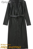 Yipinpay Black Trench Coat For Women Faux Leather Long Coat Women Winter 2023 Belt Elegant Woman Trench Coat Women's Windbreaker