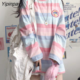 Yipinpay New Spring Women T-shirt Long Sleeve Loose Harajuku Sweet Cute Color Stripes Thin Female Tops Pullovers Causal