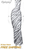 Yipinpay MO Women Summer Zebra Print Hollow Out Maxi Dress Sexy Mesh See Through Round Neck Sleeveless Outfits Beach Holiday Robe