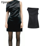 Yipinpay Women Sexy Asymmetrical Dresses 2023 Summer Solid Party Mini Dress Diagonal Collar Vestidos Folds One-Shoulder Dress