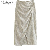 Yipinpay Summer Women Printed Skirt Set Long Sleeve Turn Down Collar ShirtHigh Waist Straight Elastic Pleated Skirts Casual Outwear