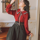 Yipinpay Sweet Women Blouses Vintage Preppy Style Sweet Lace Up Bow Turn-down Collar Solid Female Tops HOT