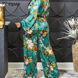 Yipinpay Women Elegant All Over Print with Floral Deep V Neck Straight with Belt Jumpsuit Sexy Jumpsuit